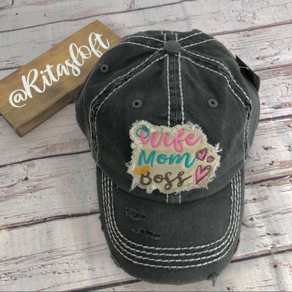 "WIFE MOM BOSS" Distressed Ball‎ Cap - Washed Black
